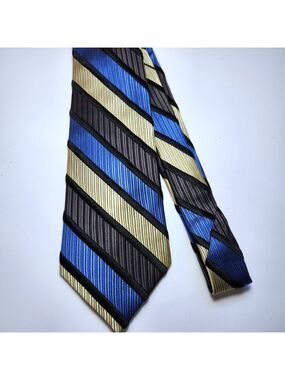 Hilary Radley Necktie Men's Blue Black Gold Striped Silk Made in Italy
